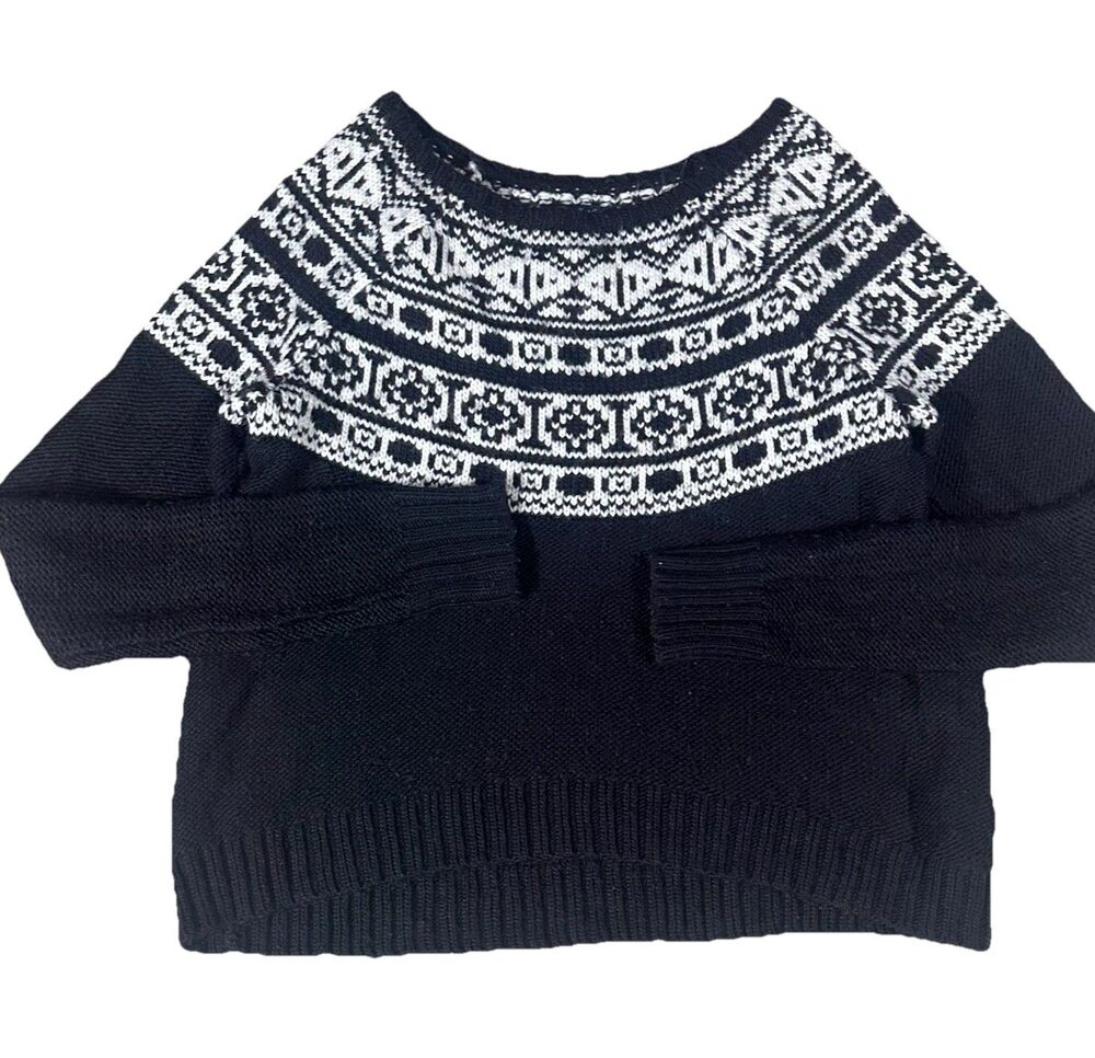 Womens American Eagle Fair Isle Nordic Chunky Knit Black White Sweater Medium